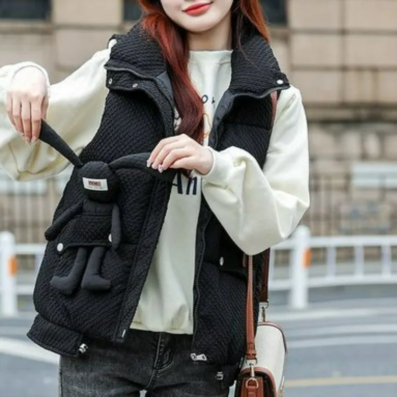 

Turn Down Collar Sleeveless Vest Grunge Coats Zipper Design Sense Puffer Jacket Vintage Clothes Hong Kong Style Preppy Parkas