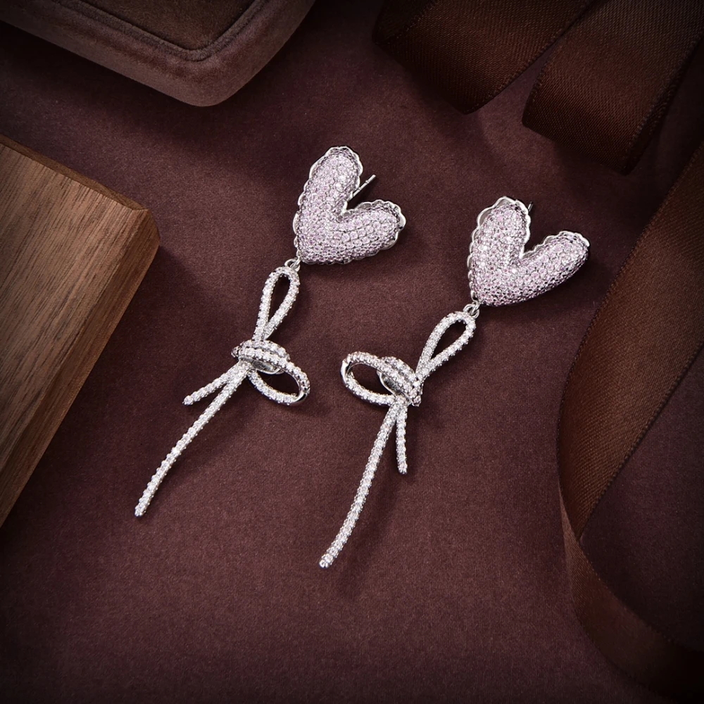 Heart-Shaped Bow Ribbons Zircon Long Earrings Sweetly Romanticize The Face Shape