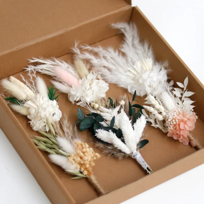 Bride Corsage Mini Natural Dried Flowers Bouquet Brooch Groomsmen Bridesmaid Flower Buttonholes Wedding Birthday Table Decor