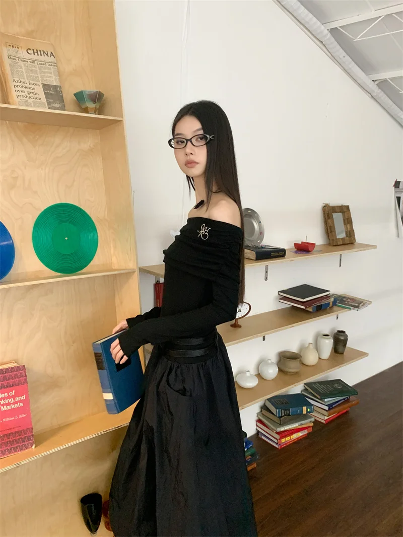 CHEERART Autumn Off The Shoulder Long Sleeve Midi Dress 2024 Women Black Tunics Bud Patchwork Long Luxury Dresses Clothing