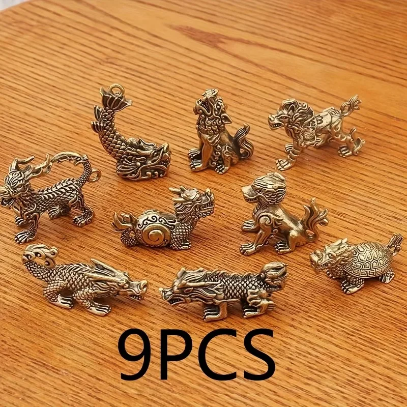 9pcs Vintage Brass Dragon Nine Sons Ornaments Set Solid Brass Hand Carving Dinosaur Theme Home Decor Collectible Figurines Gifts