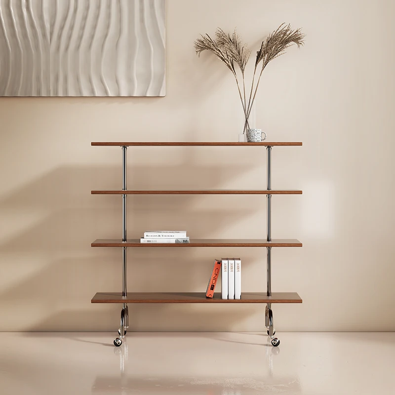 Storage rack retro multi-layer storage rack with wheels, small cart, solid wood stainless steel bookshelf