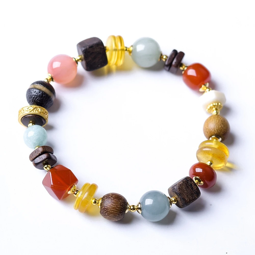 Chinese Honey Wax Duo Bao Original Hand String Cultural Play Bucket Bead Agarwood South Red Agate Chinese Style Bracelet