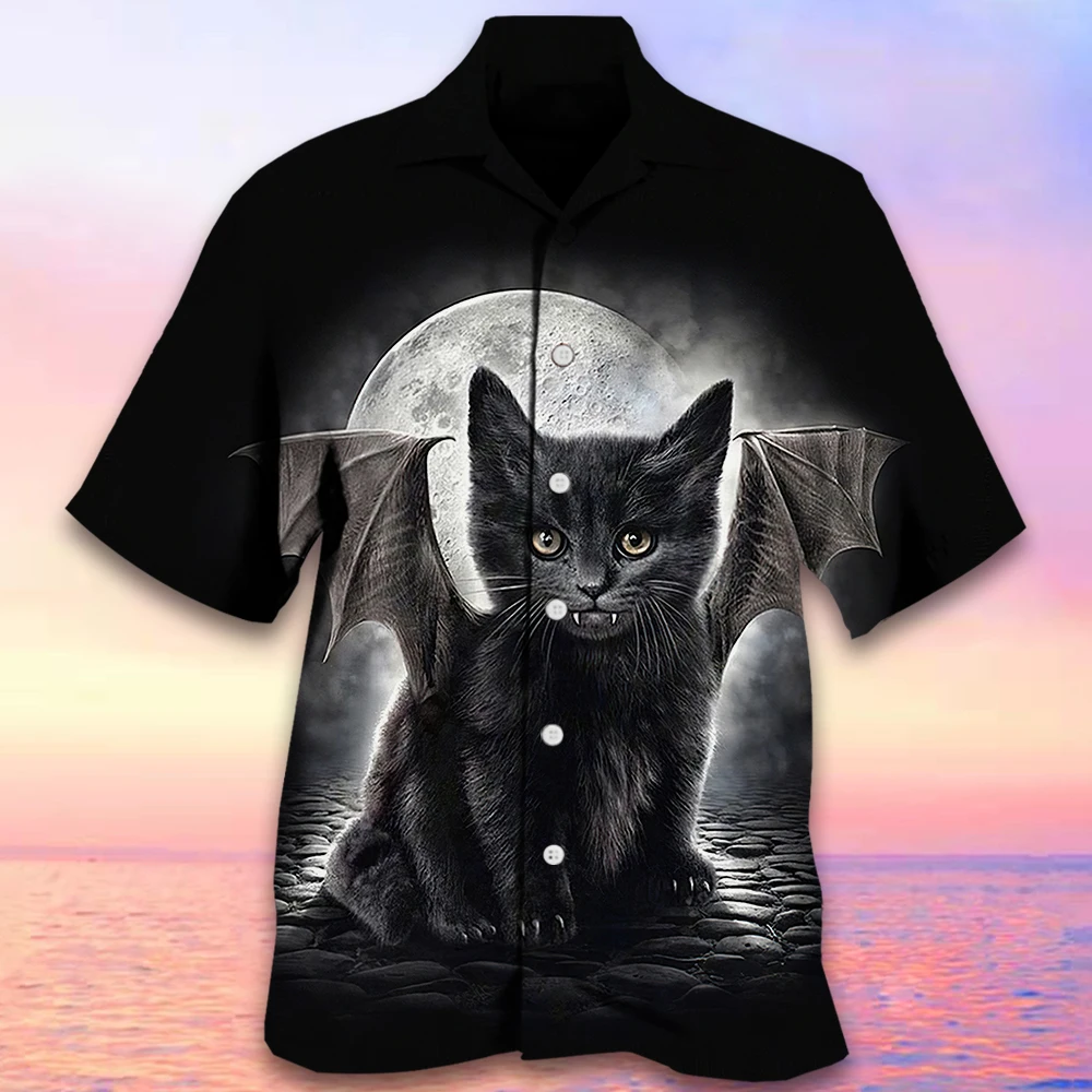 Camisas de moda para hombre, camisa con estampado de gato en 3d, cuello cubano, informal, de manga corta, Top Hawaiano de gran tamaño, verano, 2024