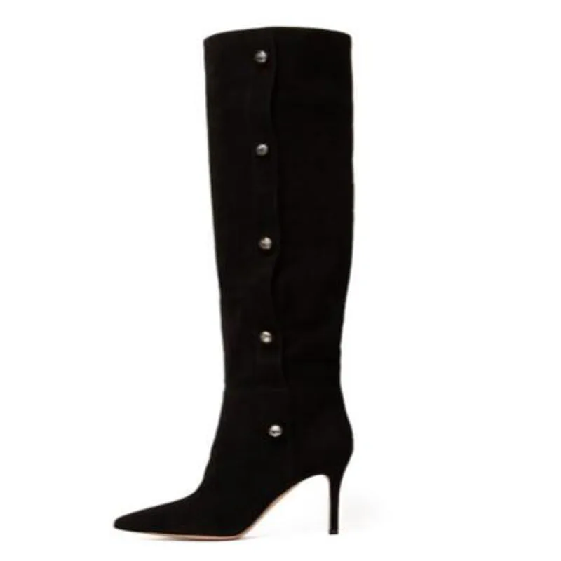 

Classic Black Suede Pointed Toe Buttons Decor Thin Heels Tube Slip On Knee High Boots Women Fashion Run Way Long Botas Size 46