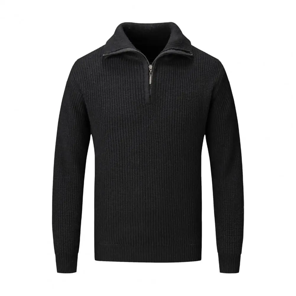 Suéter de malha com meio zíper masculino, suéter de comprimento médio, blusa monocromática, lapela elegante, retrô de malha, outono e inverno