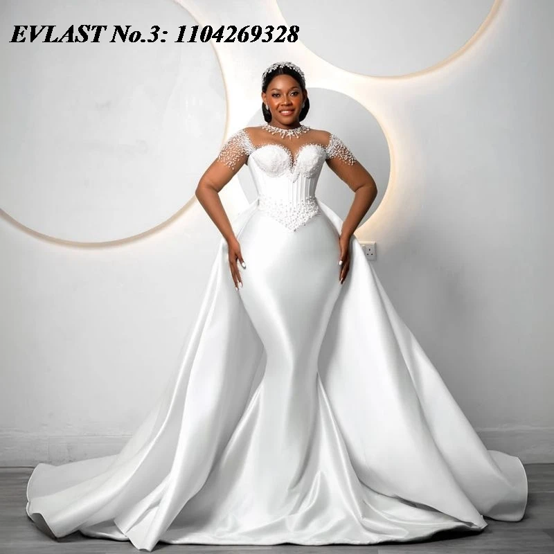 EVLAST Customized Mermaid Wedding Dress Satin Applique Pearls Crystal Beads Detachable Train Bridal Gown Vestidos De Novia E3W04
