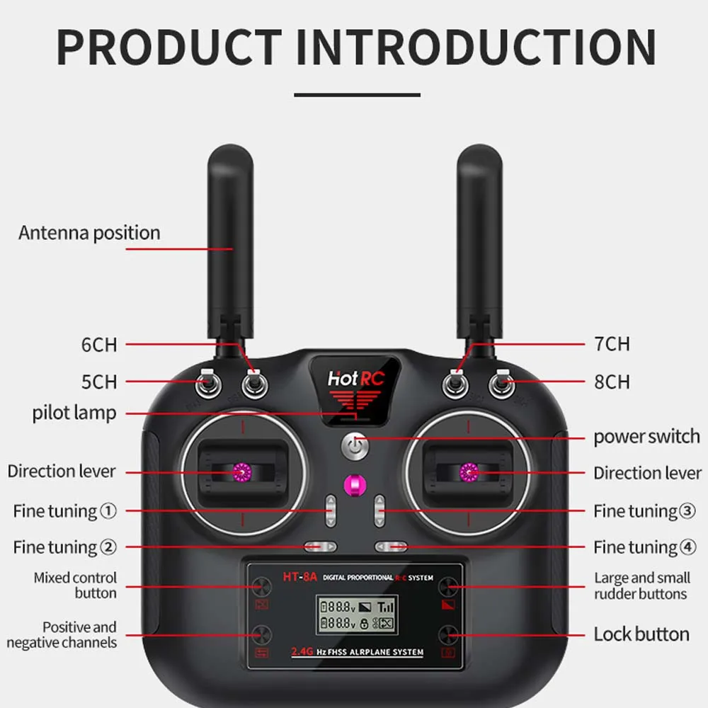 RC Hotrc HT-8A Transmitter PWM FHSS Remote Control 2.4G 8CH 4.5-9V with F-08A Receiver For RC Aircraft Car Boat