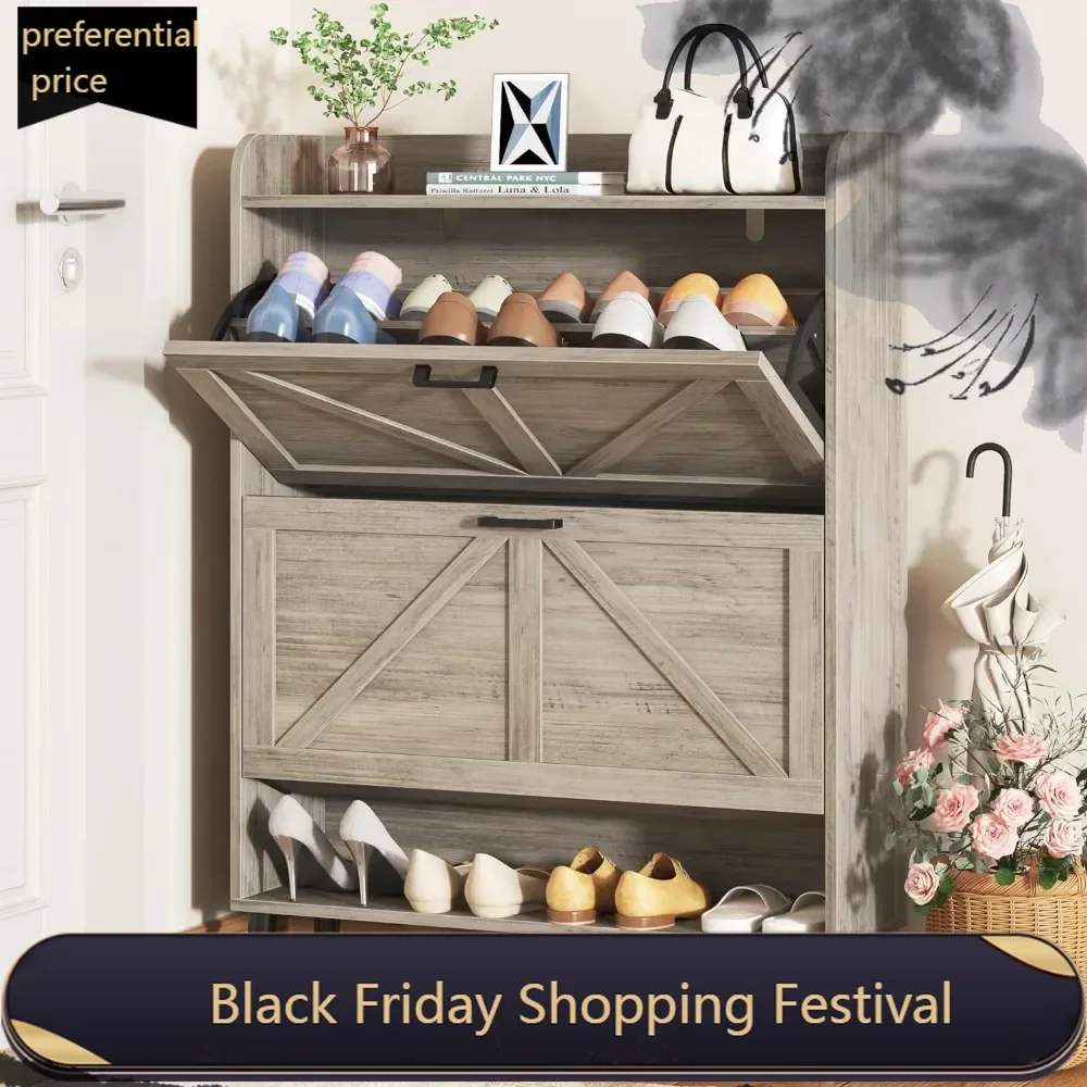 

Shoe Storage Cabinet for Entryway, Slim Shoe Organizer with Two Flip Drawers, Narrow Shoe Rack Cabinet with Wood Legs,