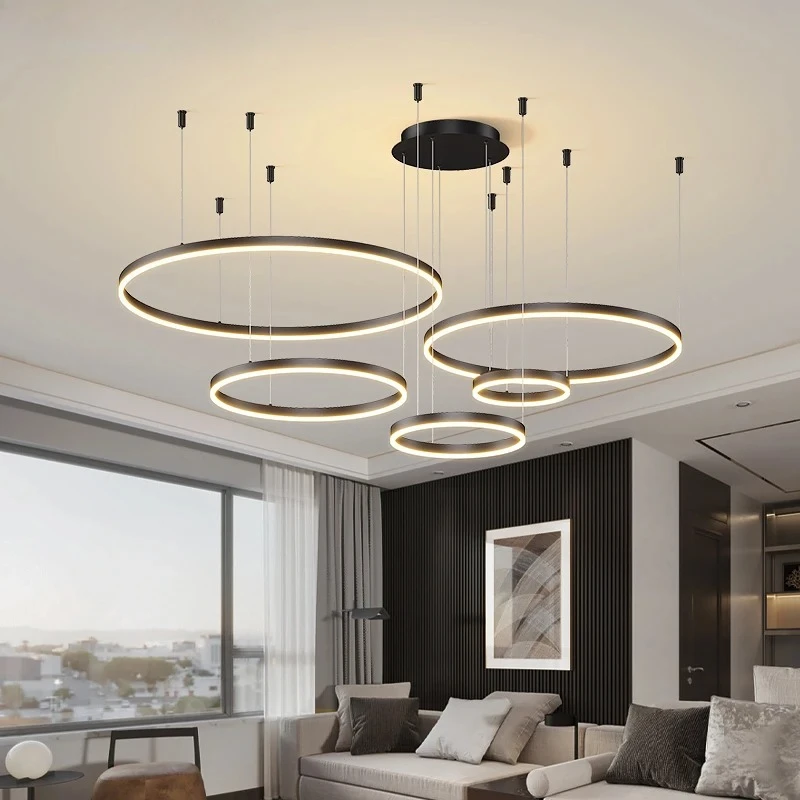 

2025 Modern Led Chandelier Brushed Rings Home Lighting Ceiling Mounted For Living Room Bedroom Hanging Lamp Gold&Coffee Color Li