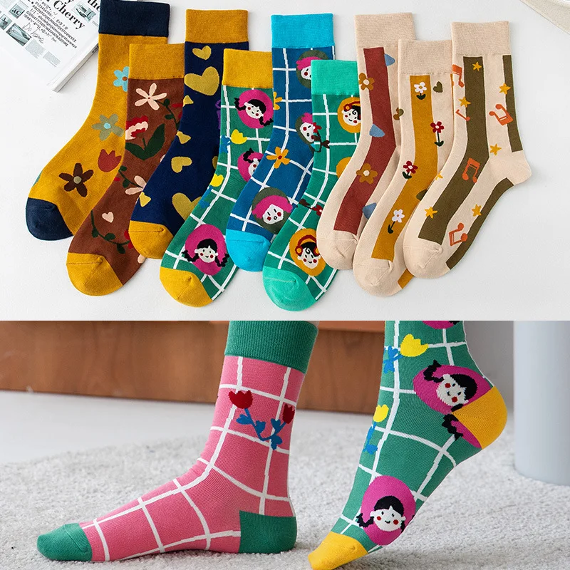 A pair of male and female asymmetrical AB new fashion Harajuku high quality high tube socks creative cartoon cotton socks