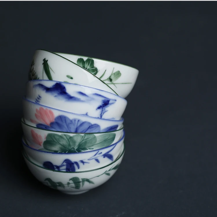 Old Chaozhou HigH-temperature Underglaze Color Hand-painted Bowls, Pu'er Pure Handmade Kung Fu Tea Cups, CeramiC