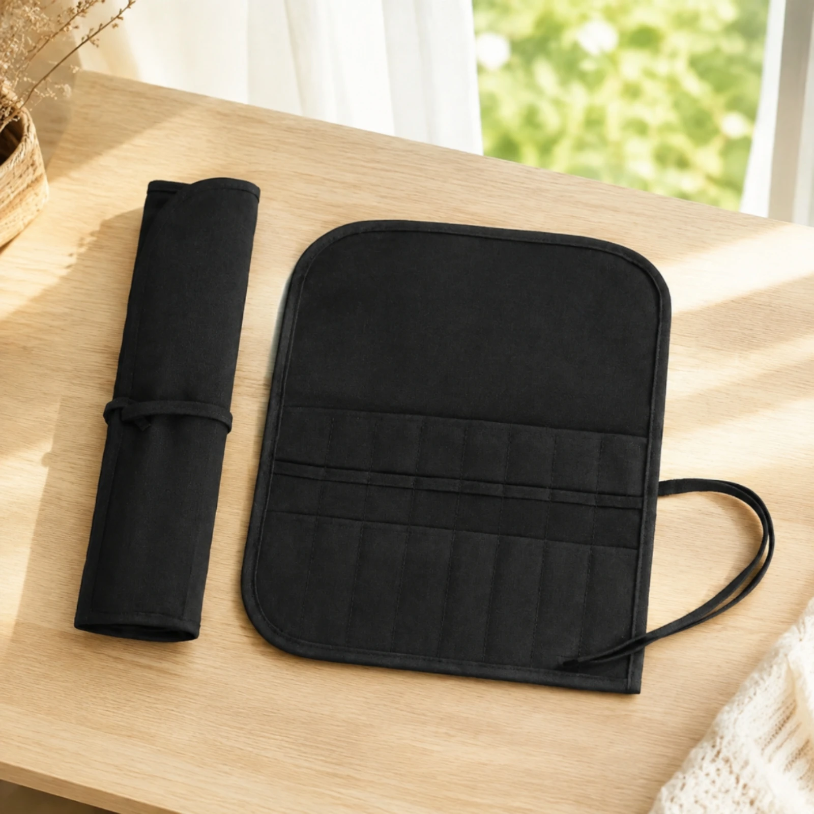 Roll-up Canvas Knitting Needle Case Compartmented Knitting Needle Storage Roll with Tie Cords Easy to Carry Lightweight