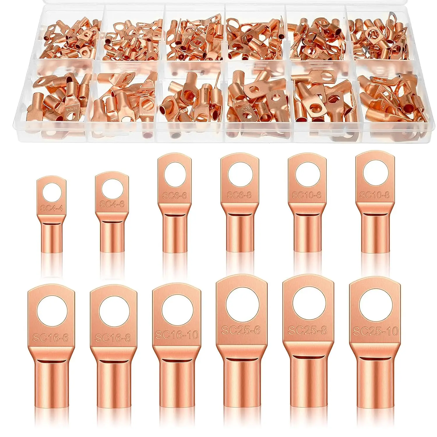 200 Pieces Copper Battery Wire Lugs 12 Sizes Battery Cable Ends Eyelets Tubular Ring Terminal Connectors for Automotive Supplies