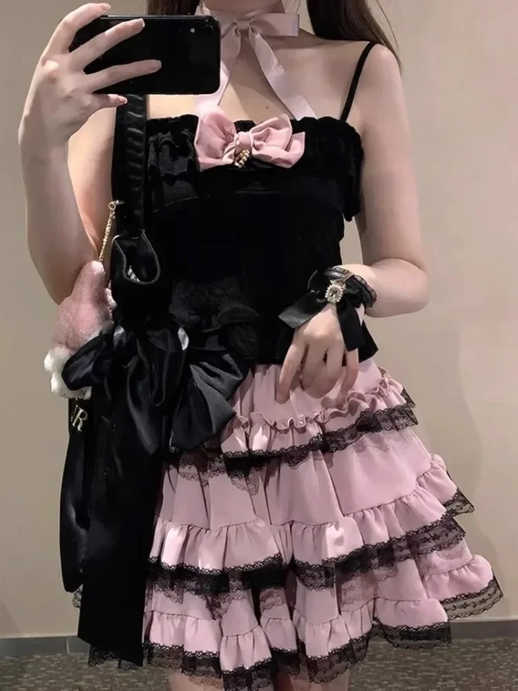 

Harajuku Sweet Lolita A-line Skirt for Women Y2k High Waist Ruched Lace Cake Skirts 2024 Summer New Pink Faldas Mujer