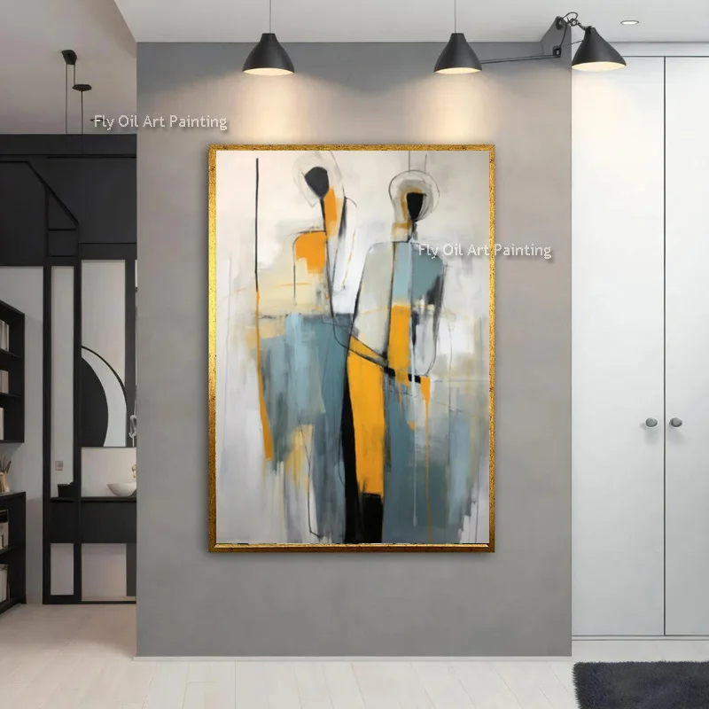 Dark Blue Beige Nacked Women Back Thick Canvas Wall Art Decor Handpainted Abstract Blue Orange White People Shadow Oil Painting
