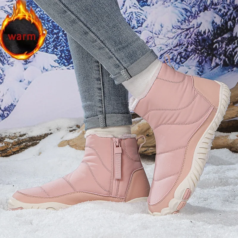 

Women Men Barefoot Snow Boots Waterproof Warm Fur Shoes Non Slip Ankle Boots Comfort Zipper Cotton Boots Men Outdoor Work Shoes