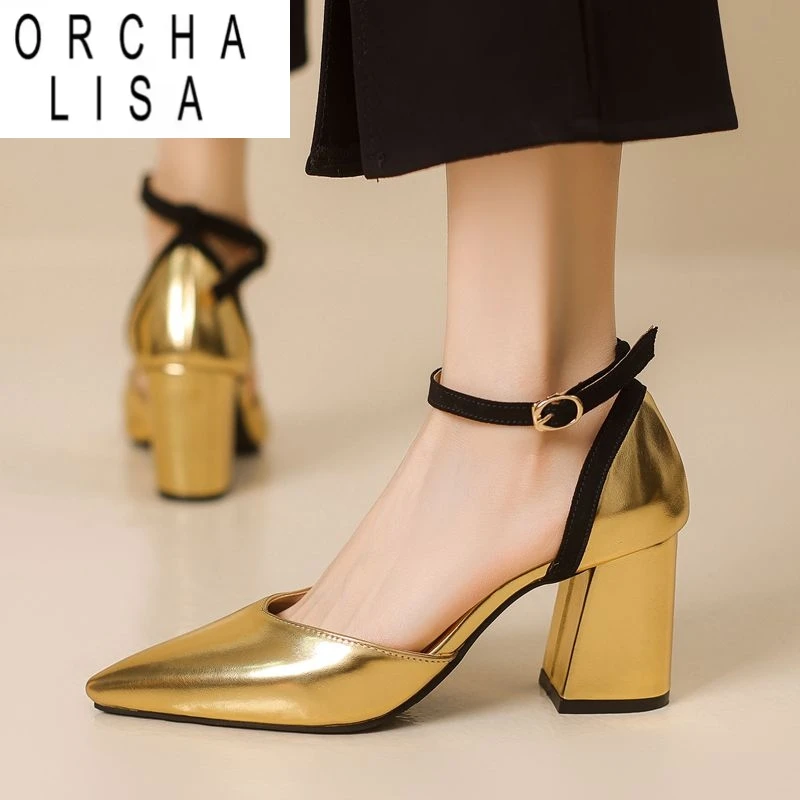 

ORCHA LISA Женские сексуальные сандалии с острым носком на блочном каблуке 7,5 см с пряжкой и ремешком, большой размер 46 47 48, модная женская обувь для свиданий, весна