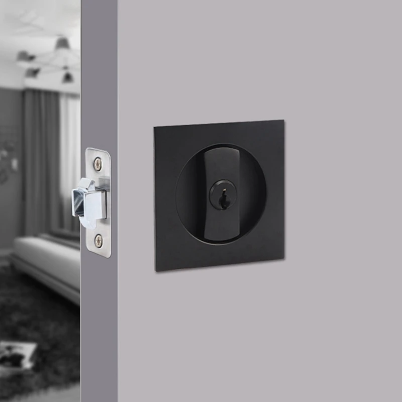 Pocket Door Lock Black Door Hardware Anti-Theft Lock Contemporary Privacy Square Door Lock Sliding Door Lock with Keys-A23R view 6