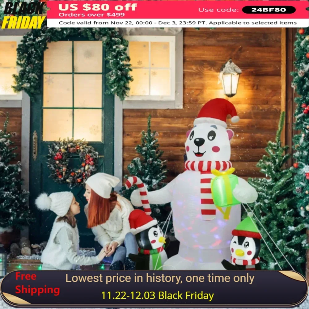 

5.9FTChristmas Inflatable Outdoor Decoration Polar Bear Gift Box Penguin Blow Up Yard Decoration with LED Light BuiltAir Blower