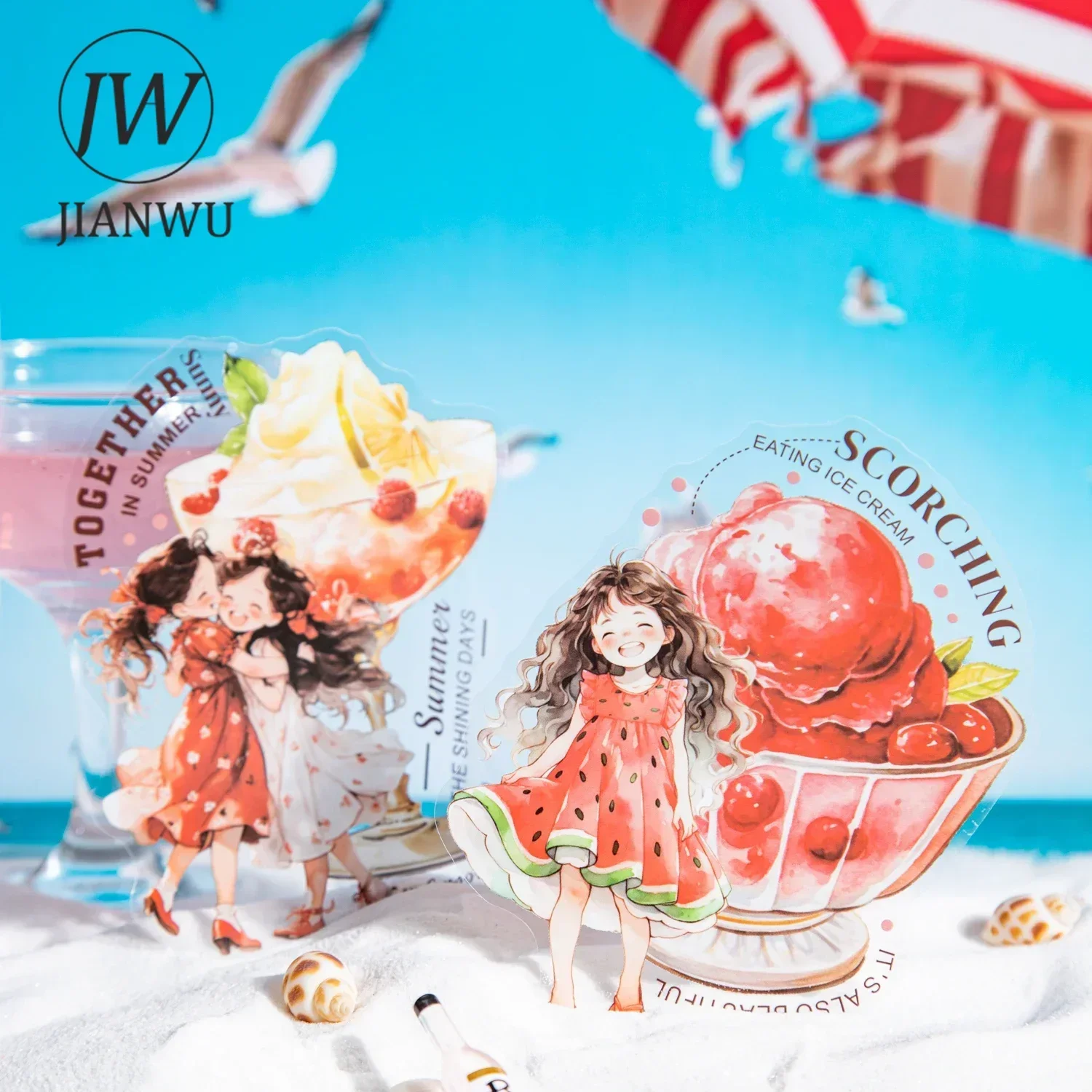 JIANWU Summer Business Series Kawaii Girl Character Dessert Material Collage PET Sticker Creative DIY Journal Stationery