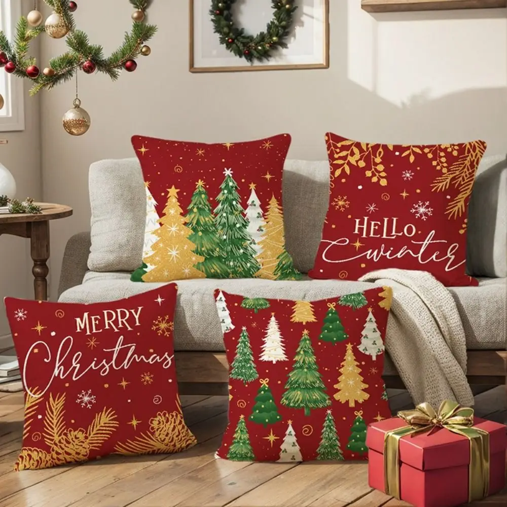 Polyester Christmas Cushion Cover Christmas Tree Printed Checkered Pattern Throw Pillow Cover Decorative Design Pillowcase