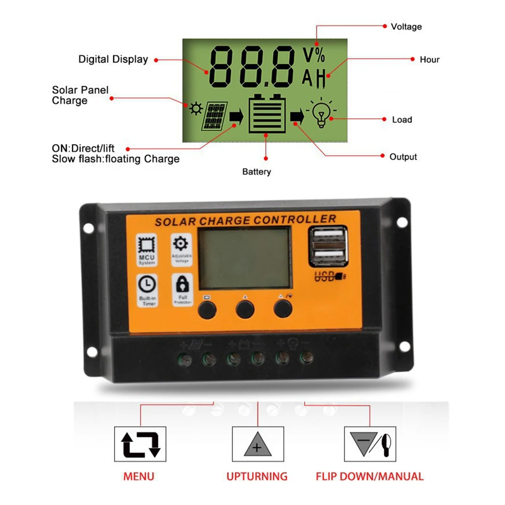 Solar Charge Controller 12V/24V 30A 20A 10A Solar Regulator PWM Battery Charger LCD Display Dual USB 5V Output