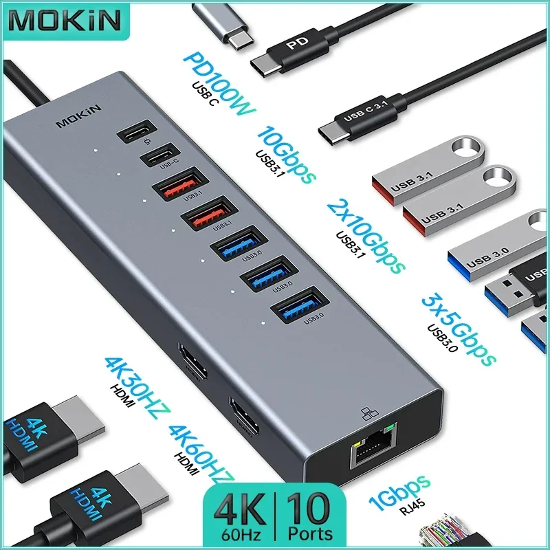 

MOKiN 10 in 1 Docking Station for MacBook Air/Pro Thunderbolt Laptop USB3.0 Type-C 3.1 HDMI 4K30Hz HDMI 4K60Hz RJ45 1Gbps