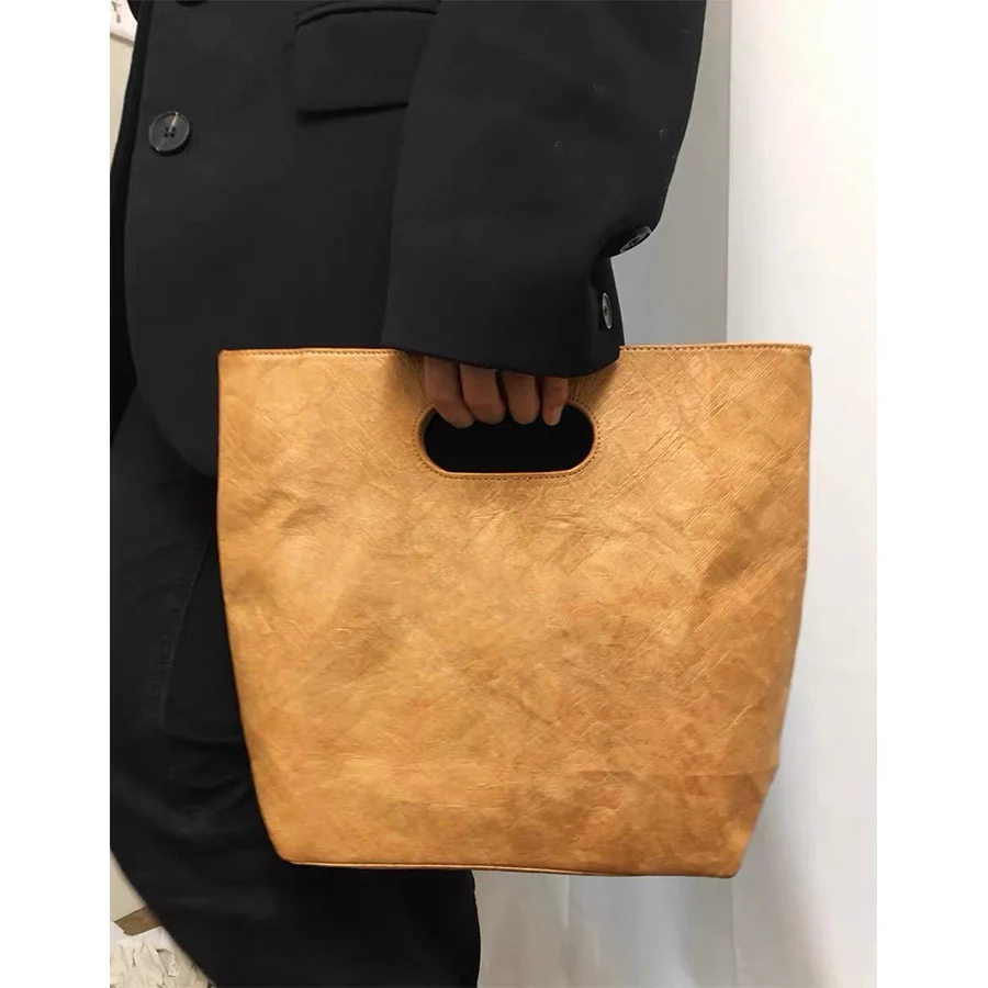 Vintage commuter kraft paper women\'s bag large capacity soild color Tote bag washable 2024 new simple ins style purse handbags