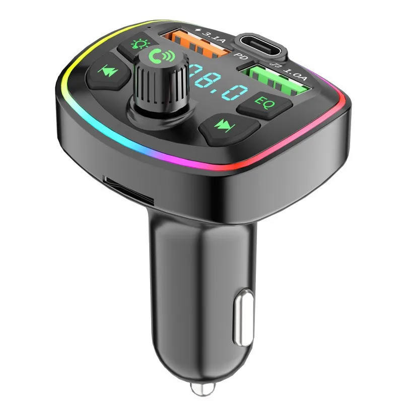 Car Bluetooth Radio Transmitter FM Audio Receiver RGB Lights PD Type-C Fast Charger Hands-Free Calls USB A Port Music Player