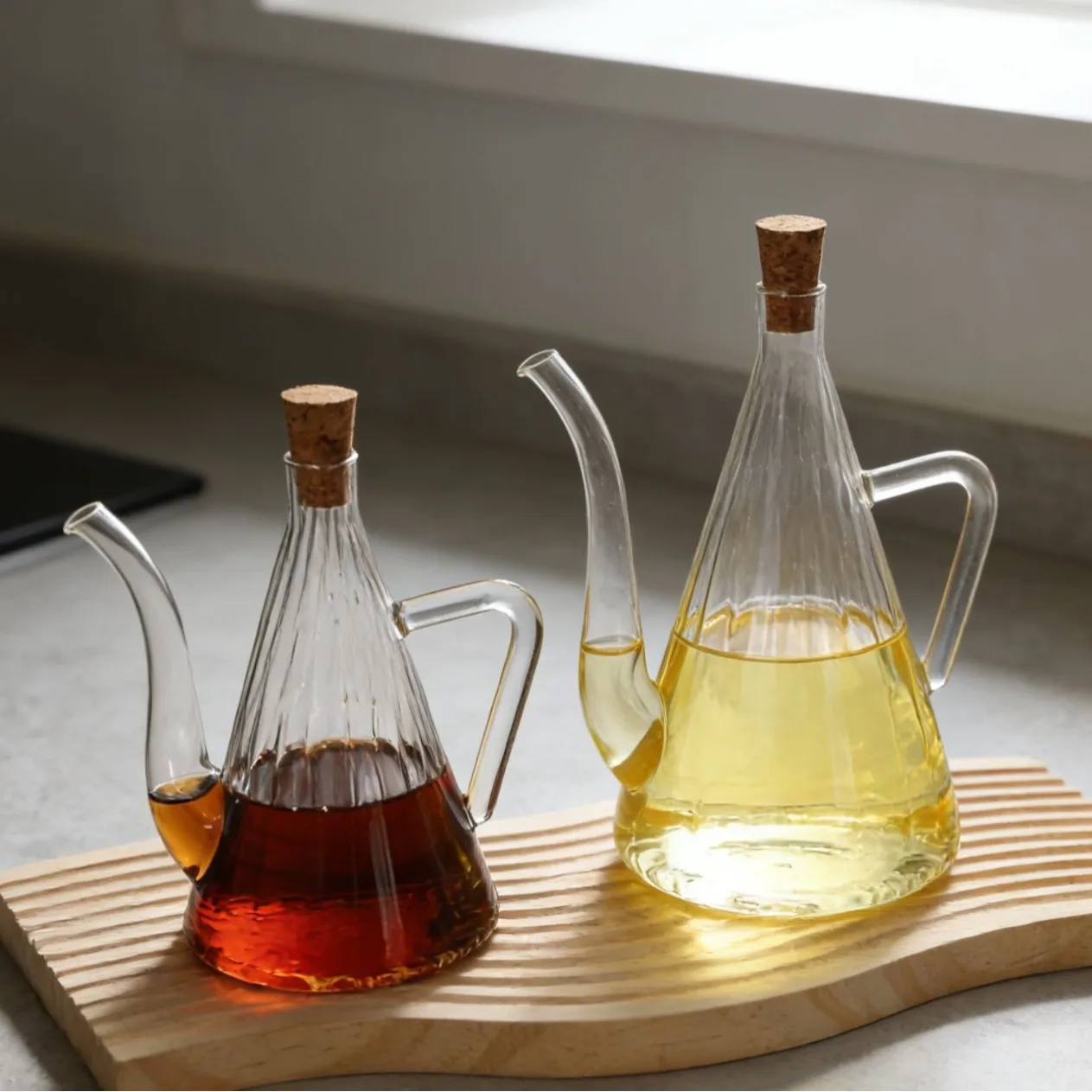 Heat Resistant Glass Vinegar Oil Dispenser Triangle Striped Bottle Cork Lid Household Kitchen Pour Storage Can