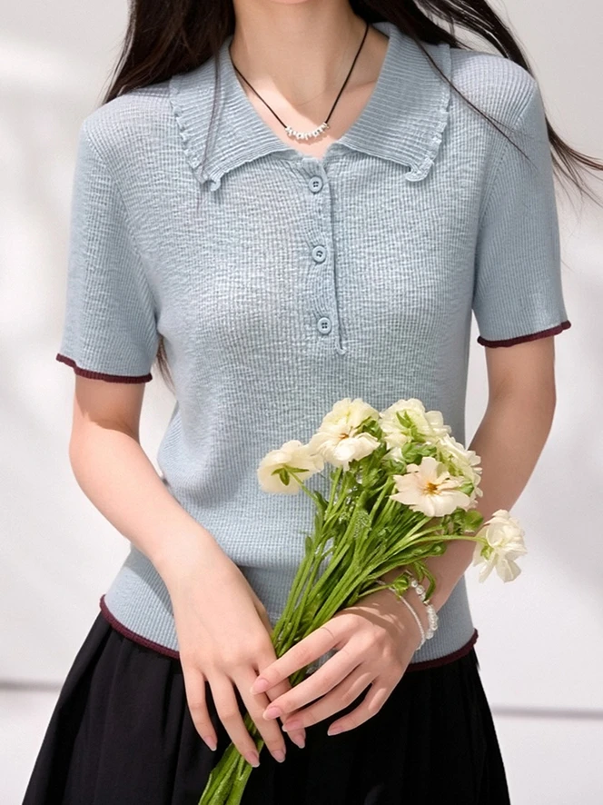 Women's Color-block Binding Ruffled Polo Collar Short Sleeve T-shirt Summer Fashion Preppy Style Minimalist Casual Versatile Top