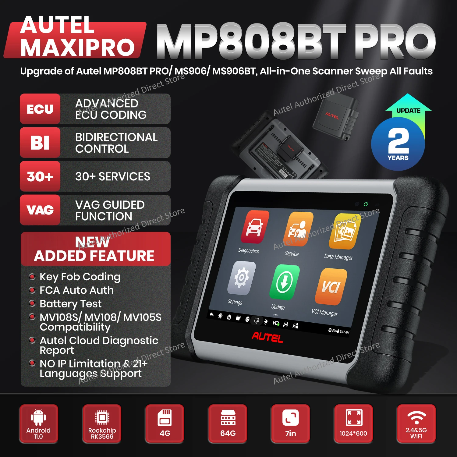 Autel MaxiPRO MP808BT PRO OBD2 Scanner Car Diagnostic Tools Online ECU Coding VAG Guided, Active Test PK MK900BT MP900 MP808S
