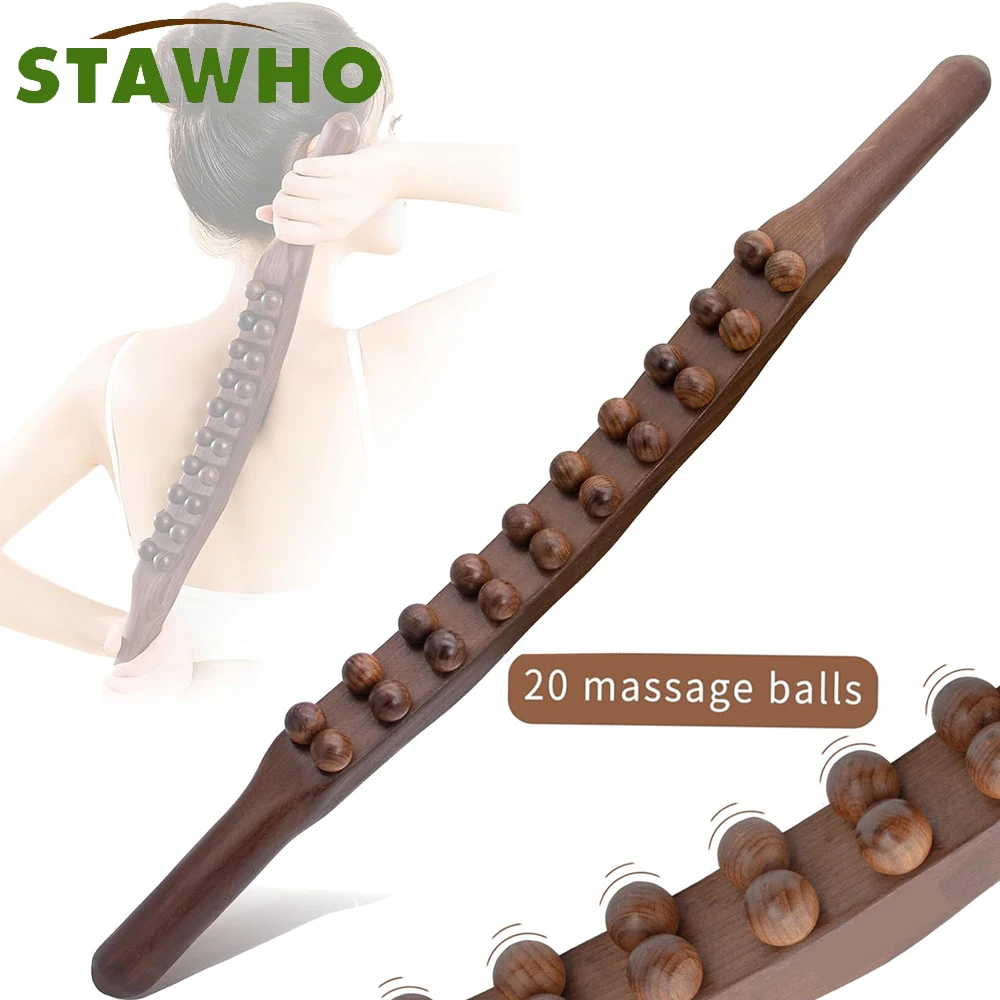 

Guasha Wood Stick Tools Wooden Therapy Scraping Lymphatic Drainage Massager,Double Row 20 Beads Point Treatment for Back Leg