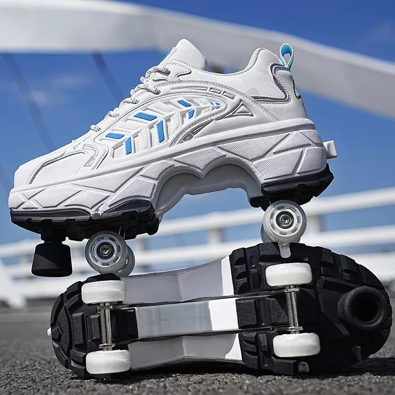 Childrens Roller Skates Four-wheel Button Type Retractable Band Brakes Stable Street Sliding Wear-resistant Wheel Shoes for Kids view 3