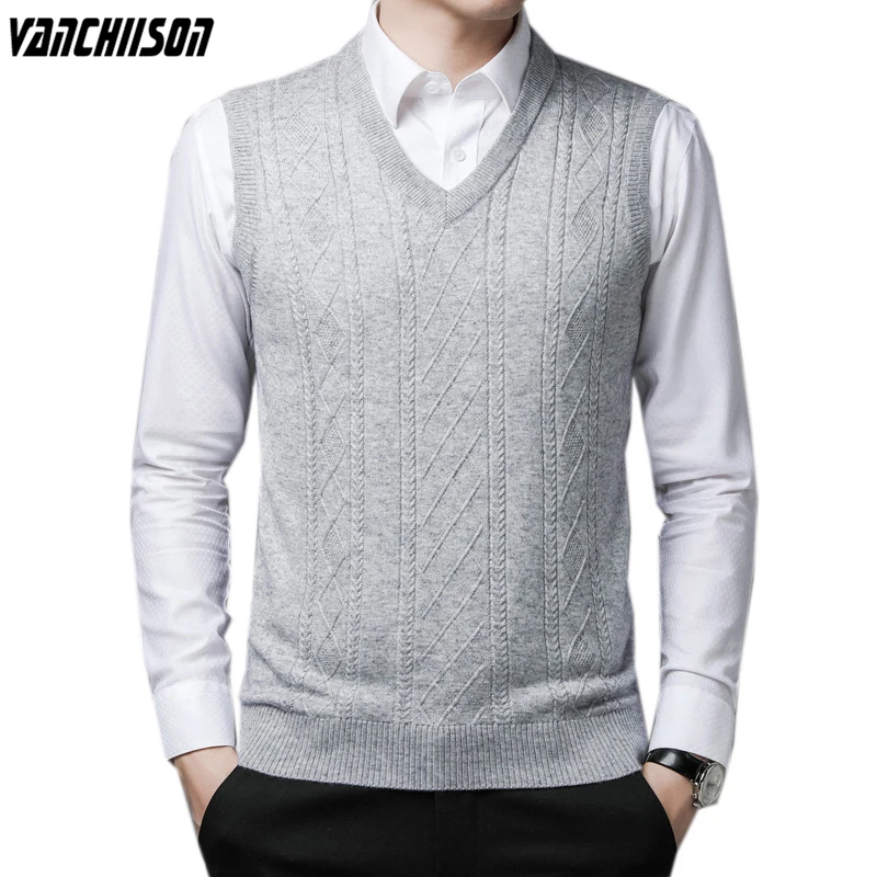 

Young Men Basic Wool Knit Tank Sleeveless Jumpers V Neck Sweater Pullover for Autumn Winter Business Fashion 00268