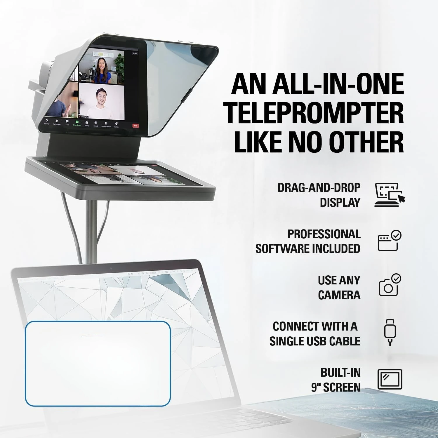 

Teleprompter with Built-in Screen, Supports DSLR/Webcam/Smartphone, Drag & Drop Monitor Display