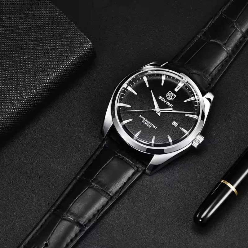 2026 Benyar 5163 Top Brand Luxury Military Wristwatches Leather Quartz Watches Waterproof Simple Watch for Men Reloj Hombre