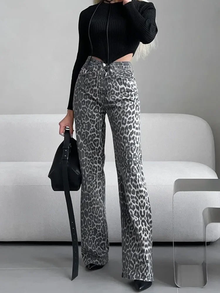 Spring High Quality Leopard Print  Jeans for Women New High Waisted Straight Leg Pants Office Work Lady Elegant Wide Leg Pants