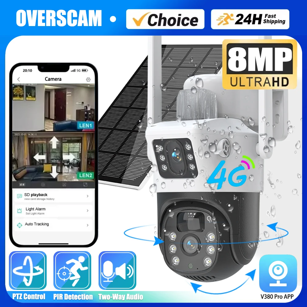 4G Sim Card 8MP PTZ Dual Lens Solar Outdoor Security Camera PIR Detection 2-Way Audio V380 Pro Smart Baby Monitoring PTZ Cameras