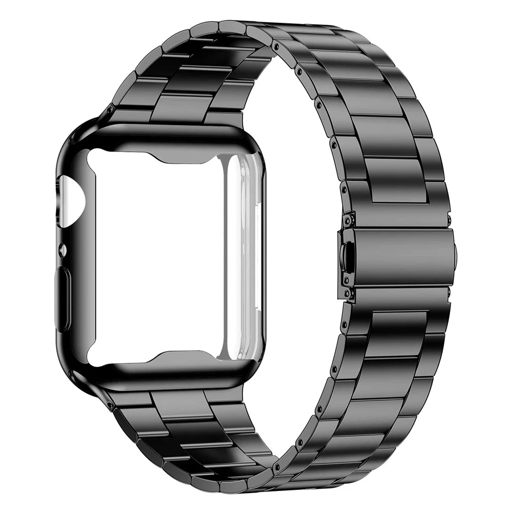 

For Apple Watch Series 5 Band 40mm 44mm with TPU Case Cover Solid Stainless Steel Strap for iWatch 4 Wrist Bracelet Men Women