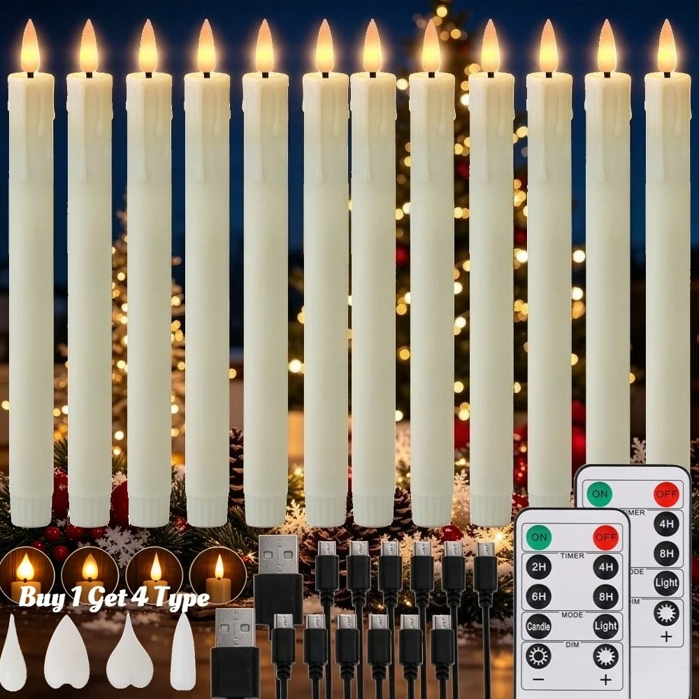 Rechargeable Flameless LED Taper Candles with Remote Timer Flickering 9.6