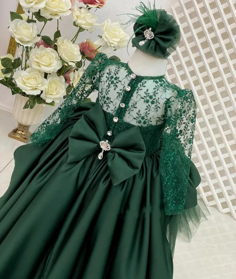 Robes de demoiselle d'honneur vert émeraude pour filles, robe de reconstitution historique en dentelle brodée, robe de Rhd'anniversaire, quel que soit le grand nœud, mariage