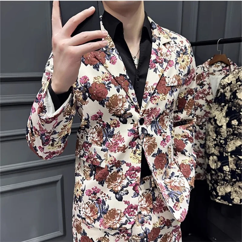 Navy Blu Men Printed Suit 2 Piece, Single Button V Collar Cotton Jacket with Trousers, Asian Size M-5XL,Suitable for All Seasons