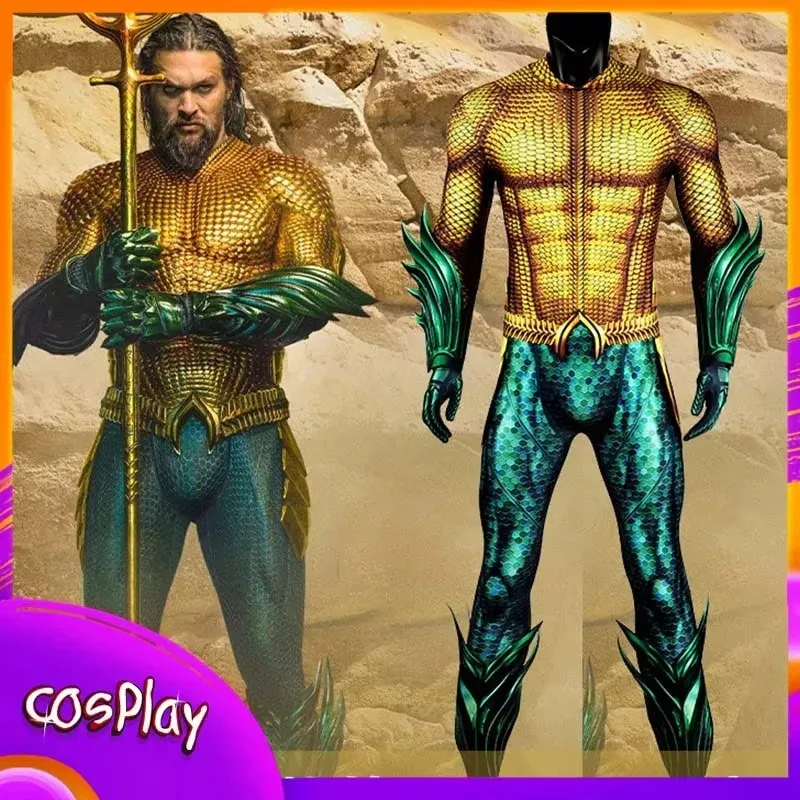 

Aqua Man Cosplay Costume Lost Kingdom Cos Clothing Golden Battle Suit Tight Bodysuit Jumpsuit Party Carnival Comic-con Gift Man