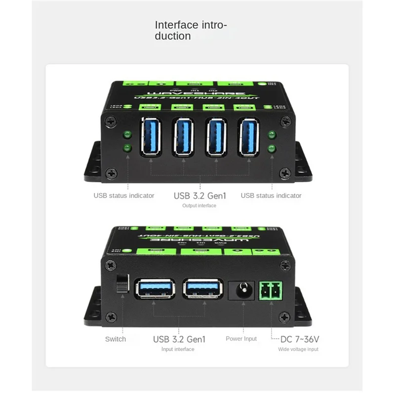 

6X Waveshare Промышленный 4-сторонний концентратор USB3.2 Gen 1, 2 в 4 выхода, общий двойной хост с случайным переключением, множественная схема защиты