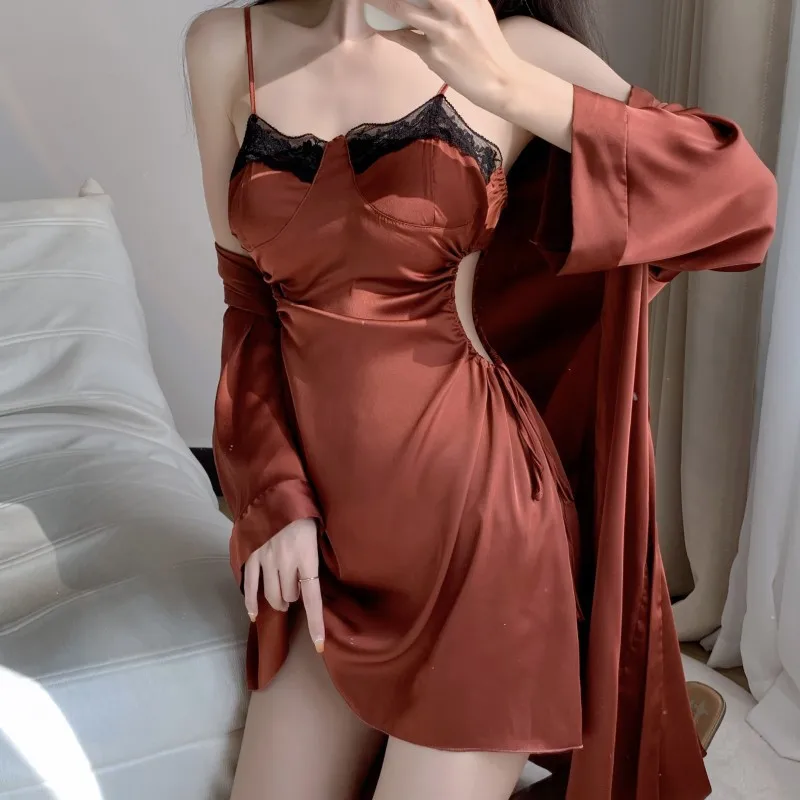 

New Spring Summer Female Nighty&Robe Set Sexy Lace Hollow Suspender Nightgown Sleepwear Casual Silk Satin Bathrobe Home Dress
