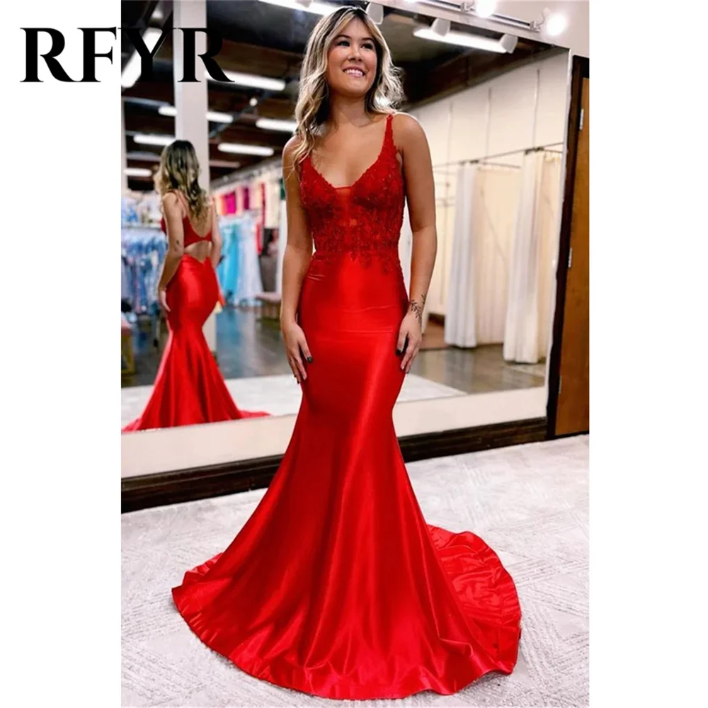 RFYR Red Prom Dress Sweetheart Sleeveless Evening Dresses Trumpet Satin Party Dress With Appliques Lace Backless Robe De Soirée