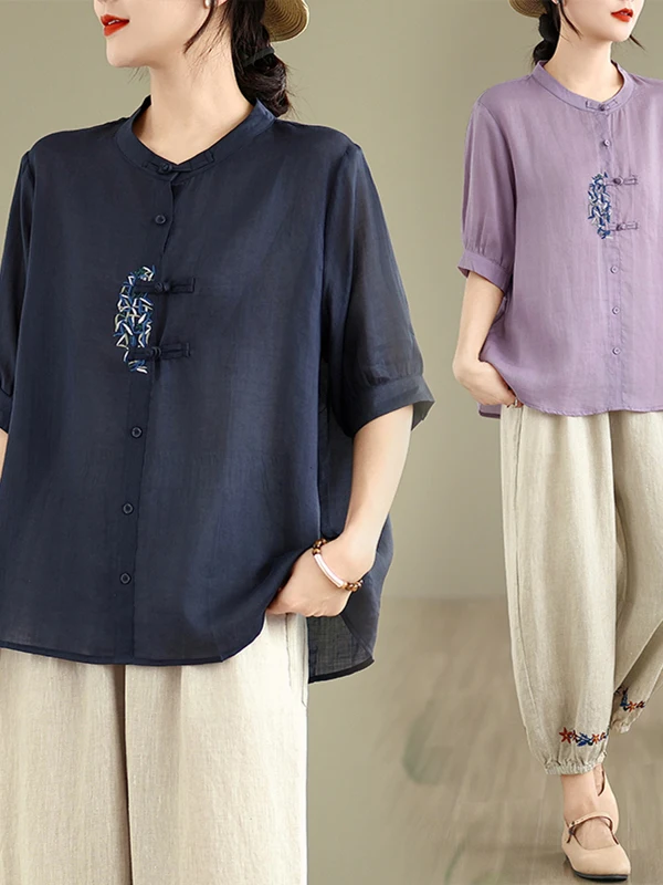 

Retro Embroidered Cotton Linen Loose Women's irt And Pants Set Summer Faion Ensemble Korean Sle plus Size Slimming