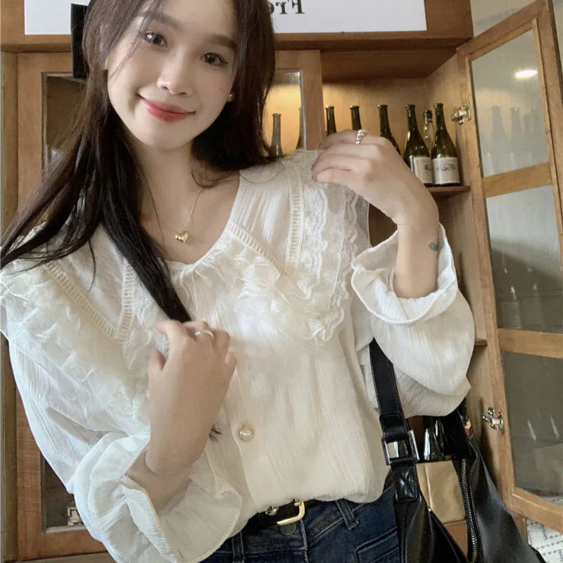 Lucyever-Blusa de gasa blanca para mujer, camisa de manga larga con cuello de encaje, elegante, coreana, con botones, Primavera, novedad